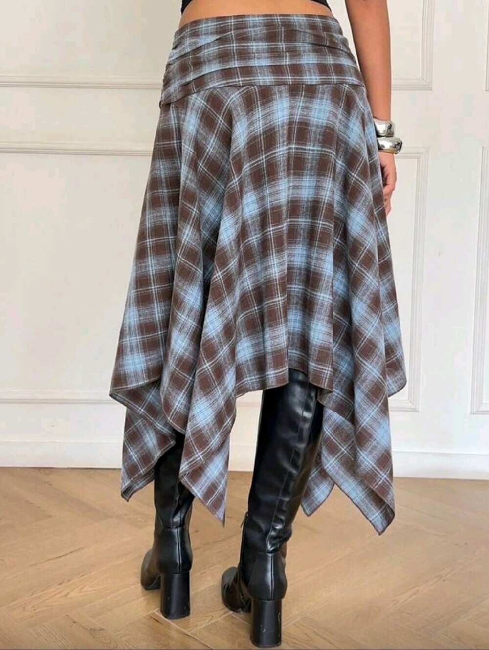 Women's Retro Blue Plaid Cotton Midi Skirt,Asymmetrical Hem High Low Chec - Picture 3 of 4